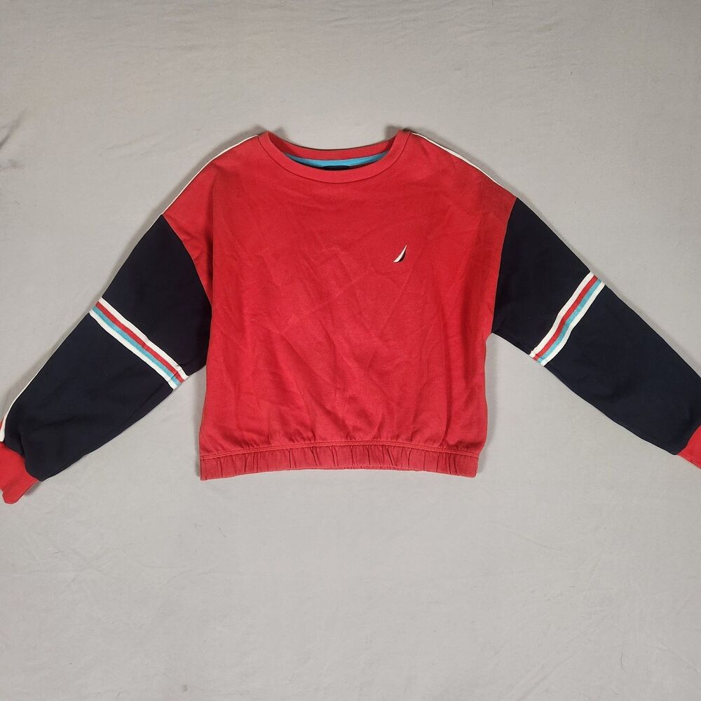 Nautica Sweatshirt Women M Red Colorblock Crop Pullover Logo Striped Sleeve